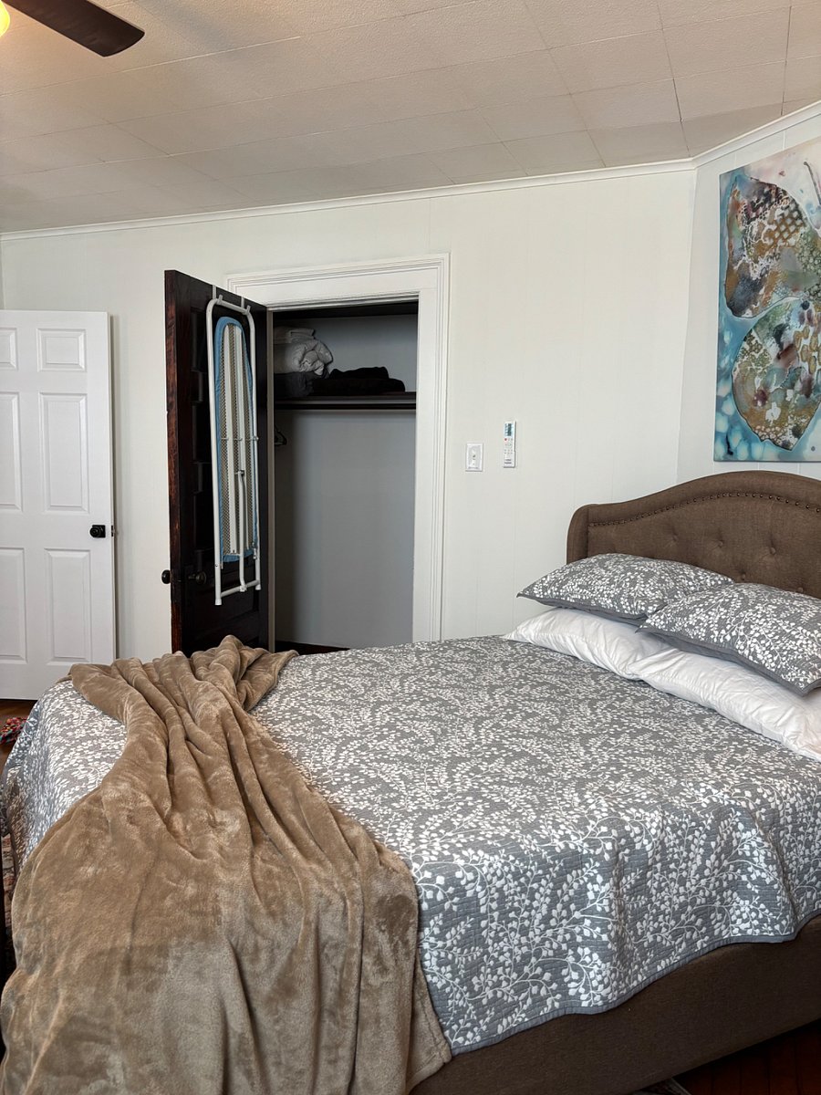 Large walk in closet and over the door ironing board.