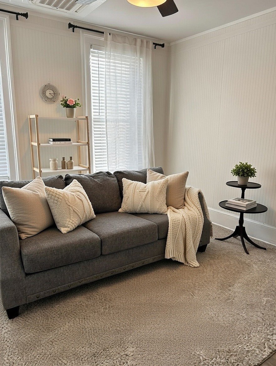 Living room with 2 large windows for light, a comfy couch and chair. Fireplace and large 50" Smart TV mounted above it.