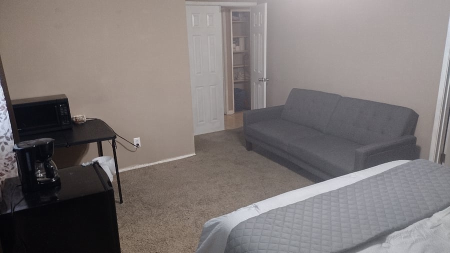 Sleeper couch turns into a full size bed.