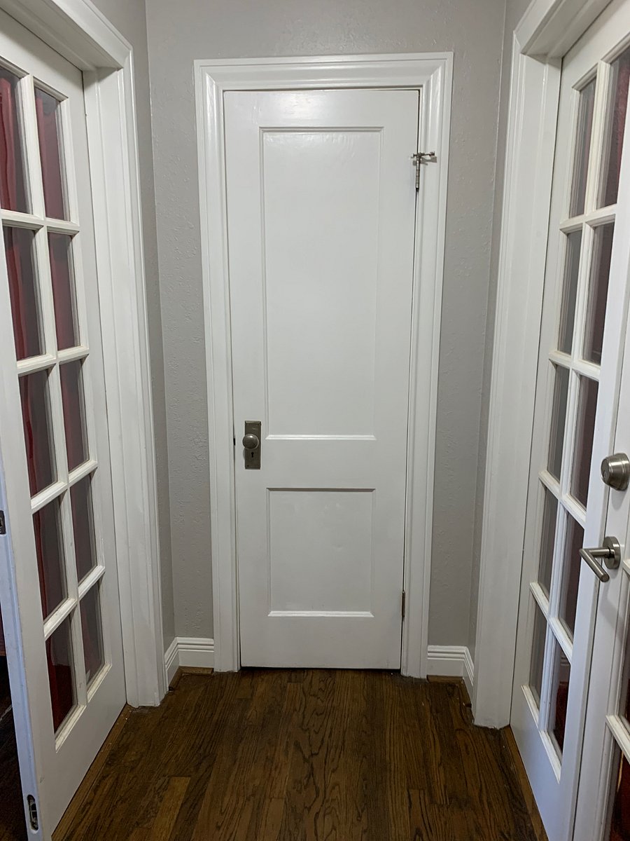 The house is a duplex. When you walk in, the locked French Door to the left is your private home.