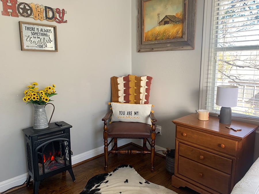 The Cowboy bedroom has an electric fireplace. You can enjoy the flames without the heat!