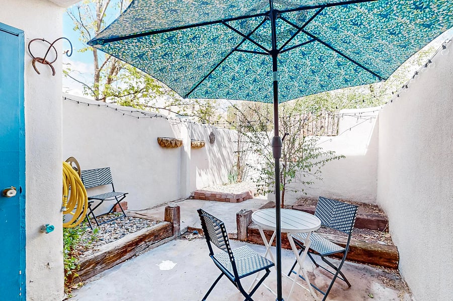 pretty and private backyard with storage shed