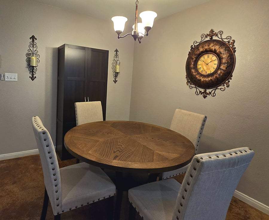 The table and four chairs are ready for all your meals and game nights. Stock the pantry cabinet with all your favorite snacks.