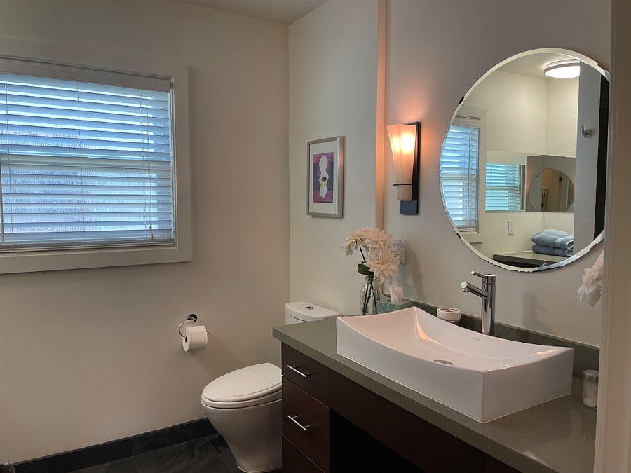 The bathroom offers tons of storage!