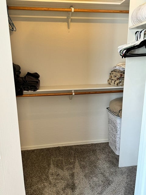 Walk-in closet in front bedroom with extra sheets and blanket.