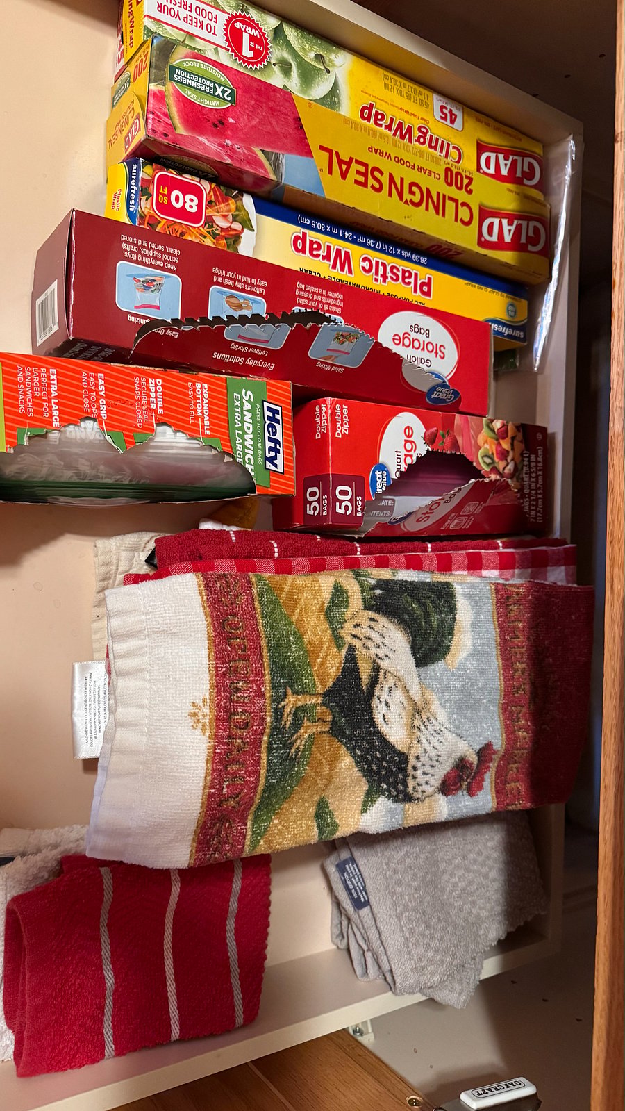 Lots of Kitchen Towels, Dish Towels, Plastic Wrap, Foil, etc.