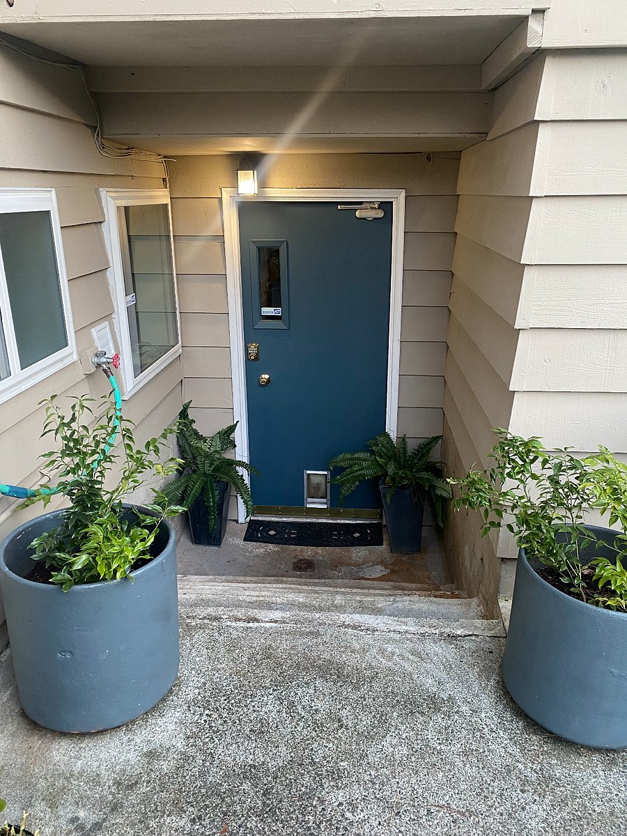 Four steps down to the ground level rental.