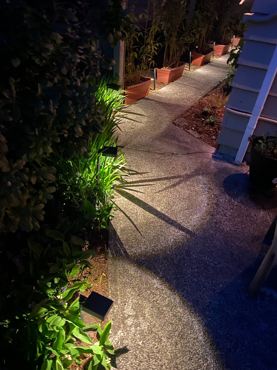 Solar path lights and LED string lights will guide you safely to the entrance after dark.