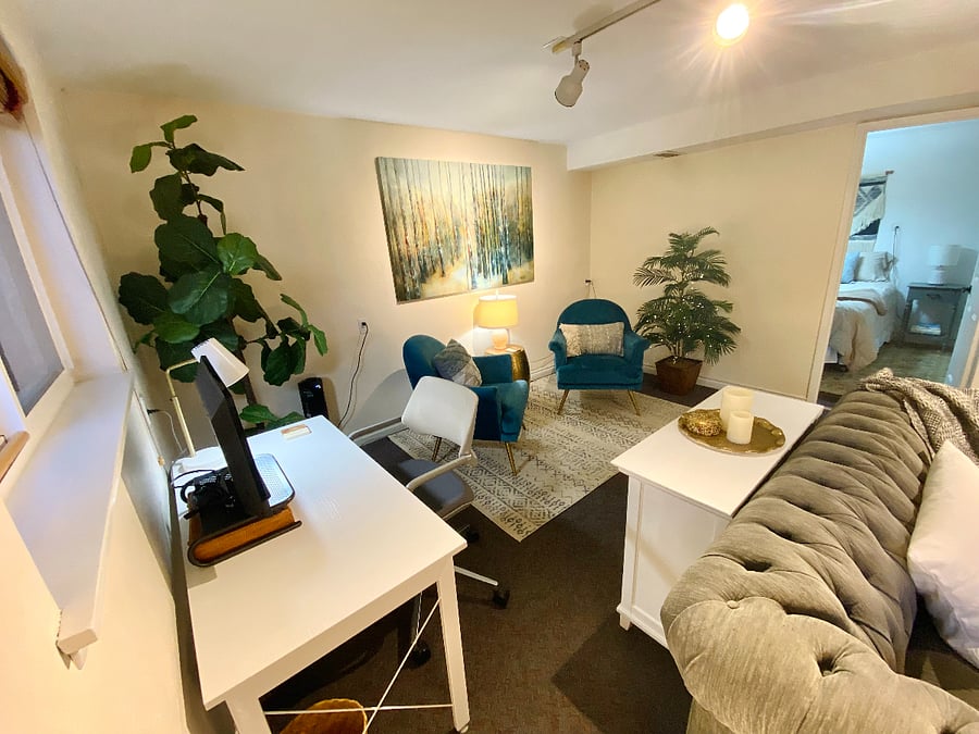 Desk area overview in TV room.