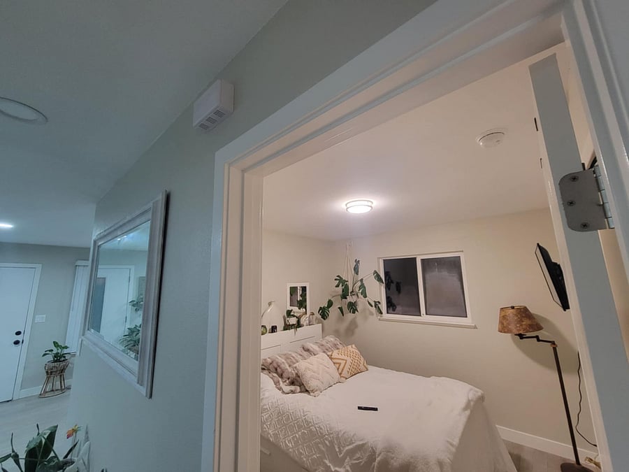 Your room is the first one down the hallway, directly across from the bathroom.