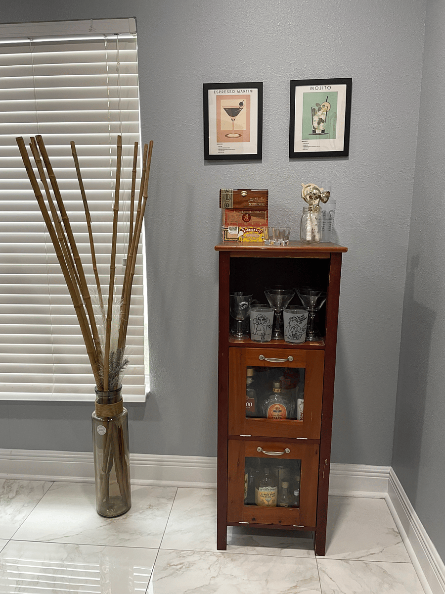 Liquor cabinet and cocktail making accessories in the Pub room
