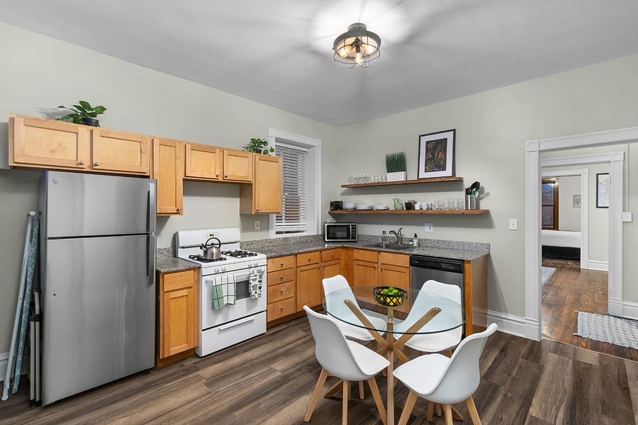 Spacious eat-in kitchen with ample storage and prep space