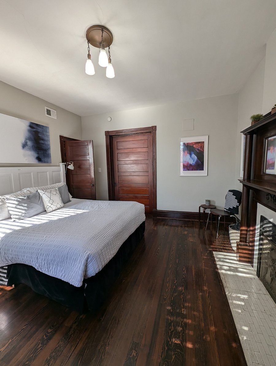 Privacy added to the bedroom by closing the pocket door