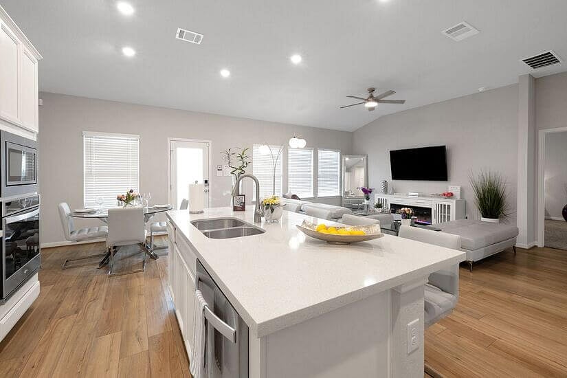 Relax after work with a Smart TV and electric fireplace.