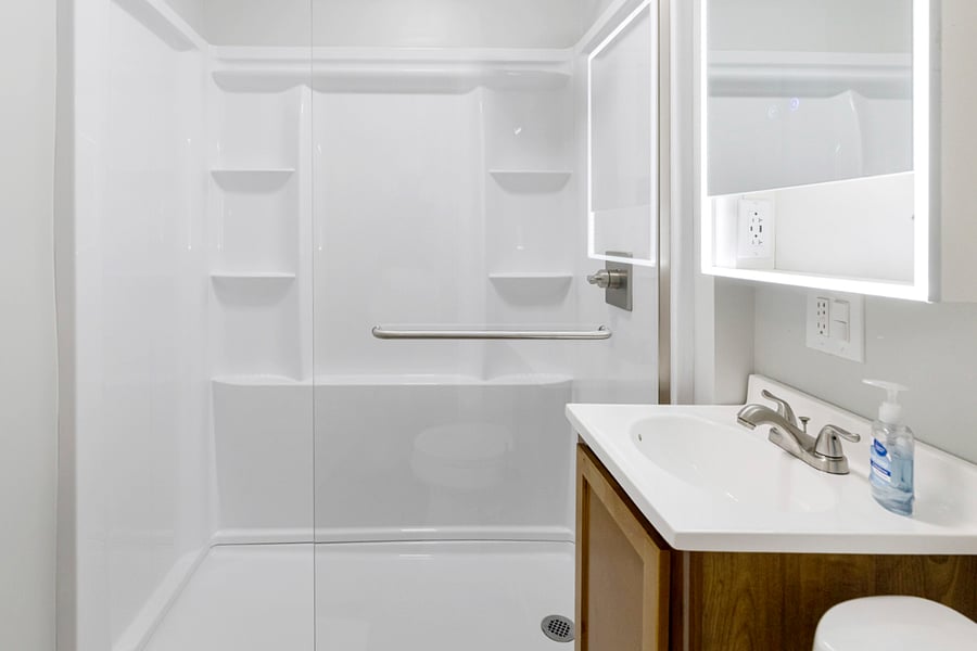 Bathroom with walking shower and lighted medicine cabinet