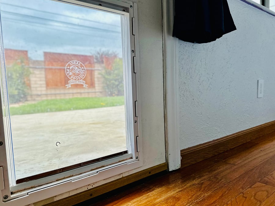 Dog door available in living room for house pets. Plastic cover blocks the door to restrict access in or out as needed.