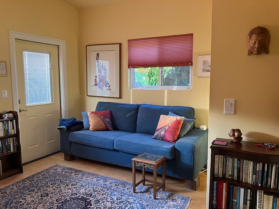 Living room, couch is very comfortable to sleep single guest if you have anyone to stay for a few nights - single sheets and bedding provided
