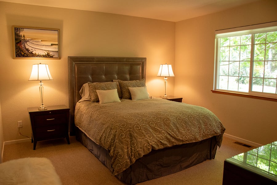 Primary bedroom with padded leather headboard