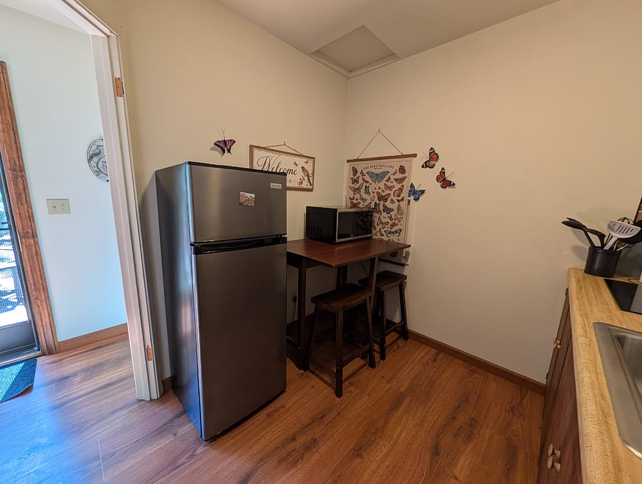 The spacious, 7.5 cubic foot fridge holds about a week's worth of groceries and has a separate freezer compartment.