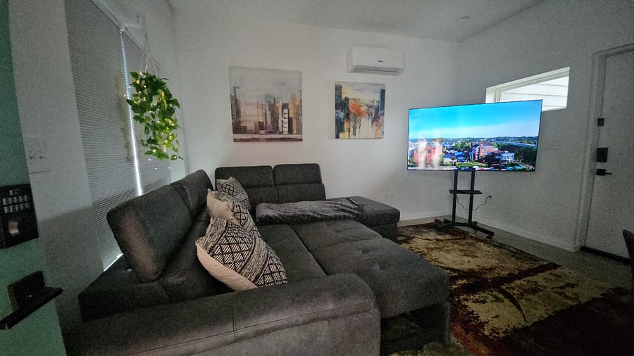 Living room area with shades down