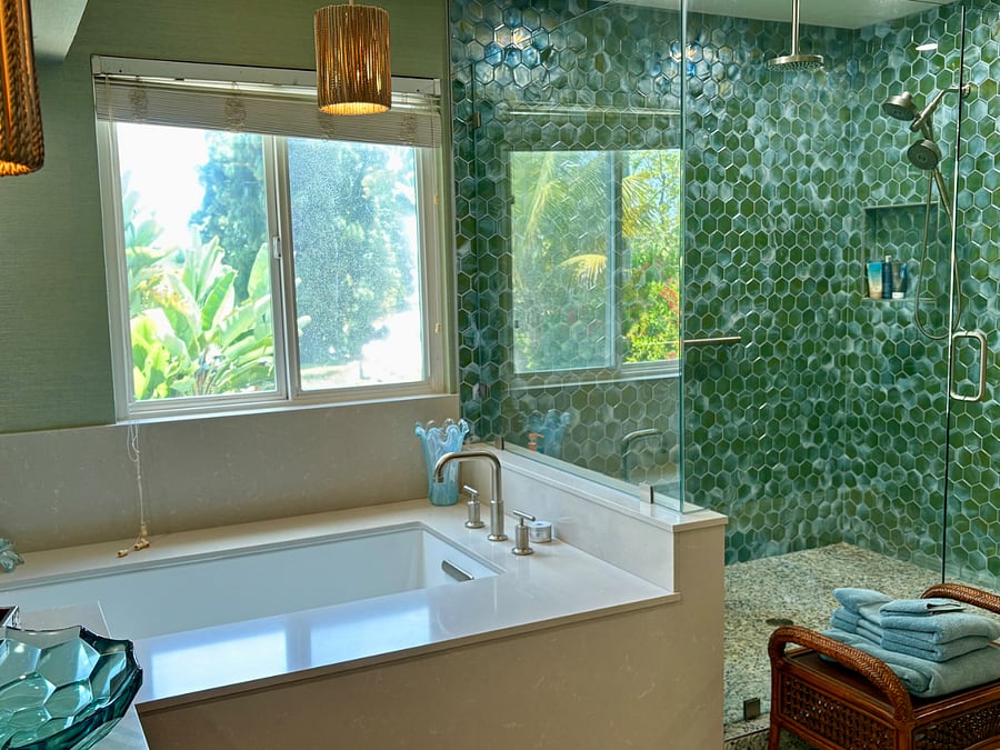 Newly remodeled spa-like master bathroom with rainshower, deep soaking tub.