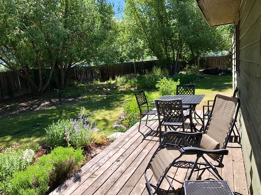 Back deck with seating and BBQ. East facing.