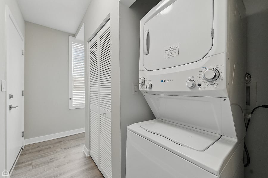 Convenient and quiet, in-unit laundry just steps from the bedroom makes freshening up effortless.