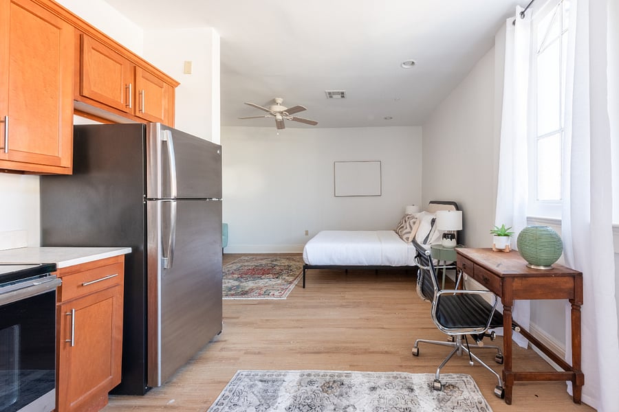 Since this photo was taken, a TV and dresser have been added to the studio. 