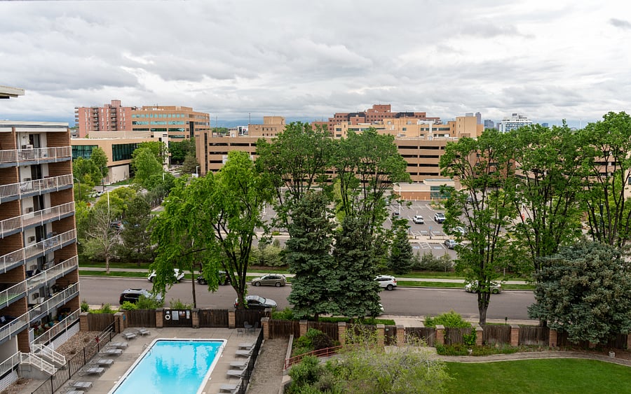 Mountain views and amazing sunsets! Rose Medical Center is this building right in front of us across the street:
