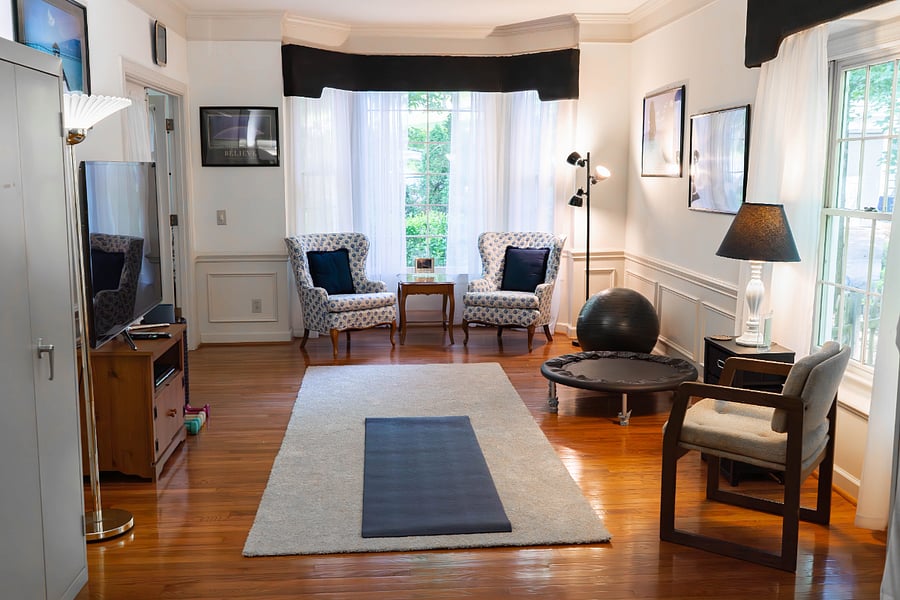 A great place to work out with large TV for online workouts or DVD workouts, yoga mats and hand weights.