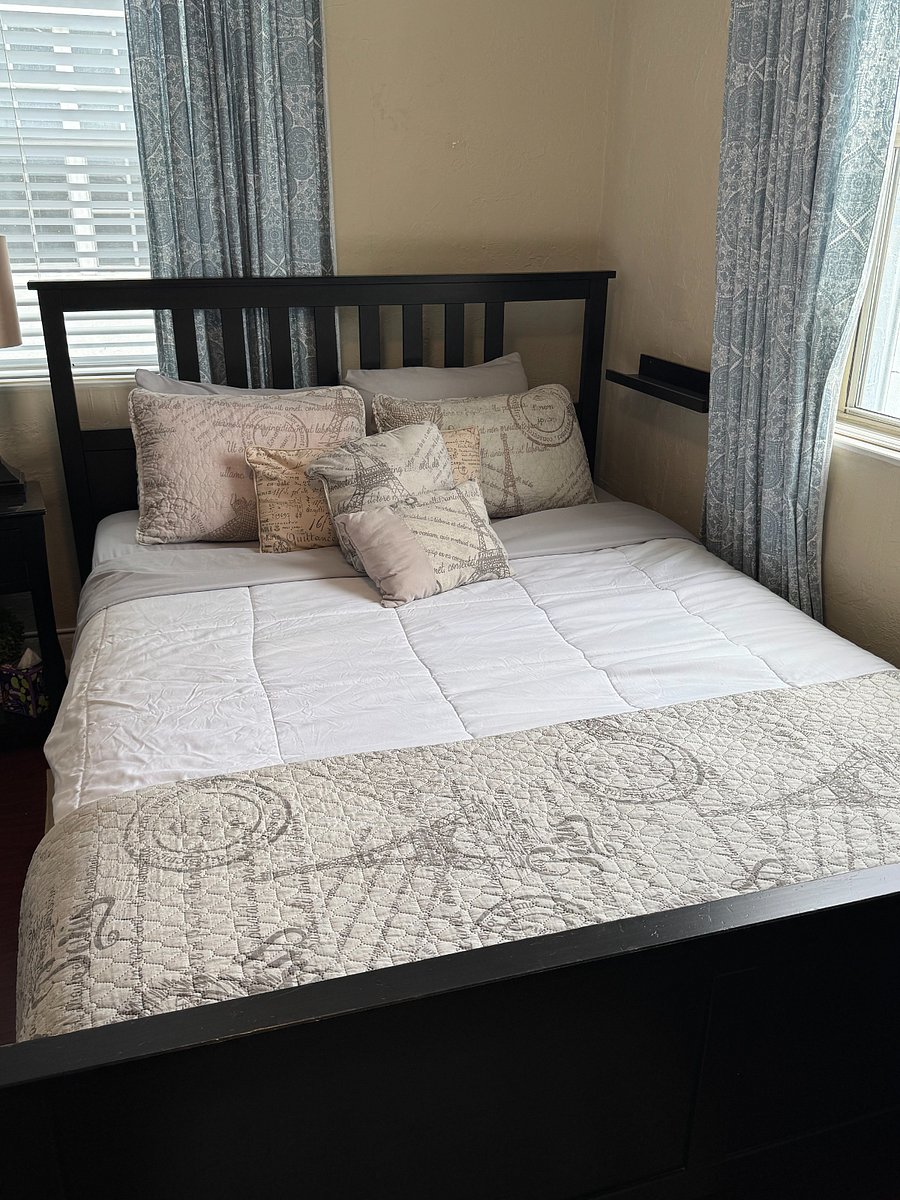 Bedroom #1 - Queen size bed, ceiling fan/light, night stand, with lamp and alarm/clock