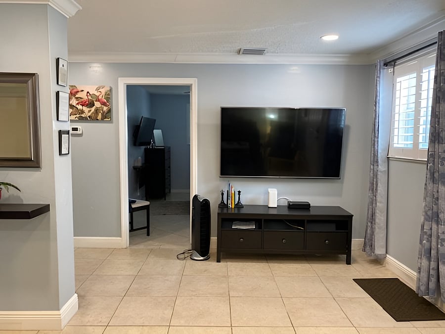 Living room: LG 65" 4K SmartTV (view from the couch), Comcast wifi tower on stand.
