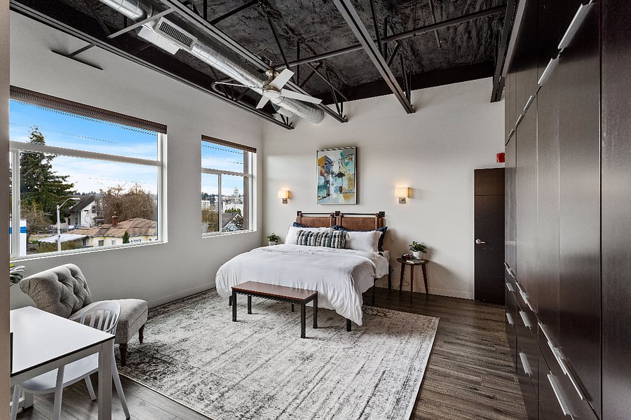 Primary bedroom with king size bed.