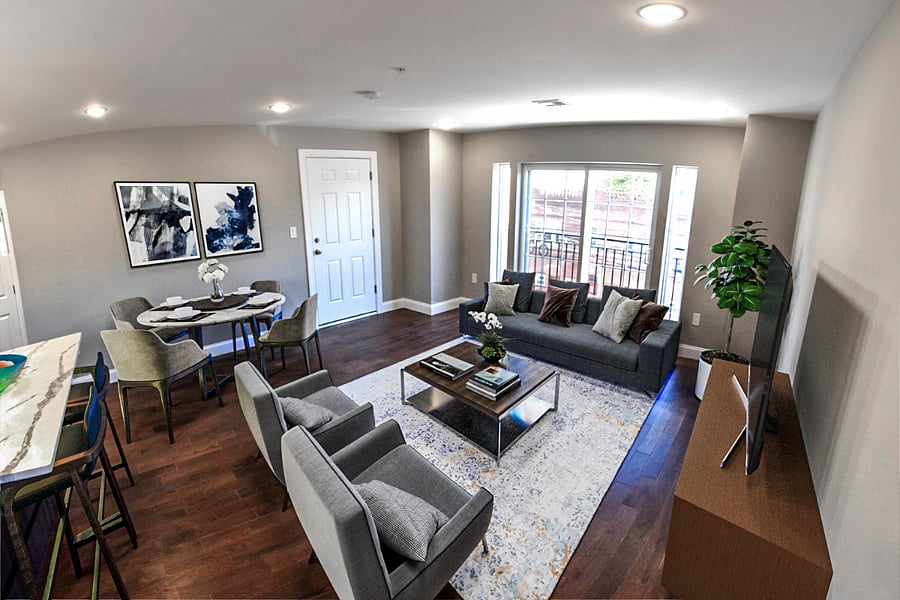 Fully furnished shared living/dining space.