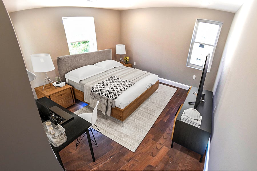 Master Bedroom #2 with queen size bed, 4K smart TV, computer desk and closet organizer.