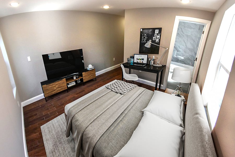 Master Bedroom #2 with queen size bed, 4K smart TV, computer desk and closet organizer.