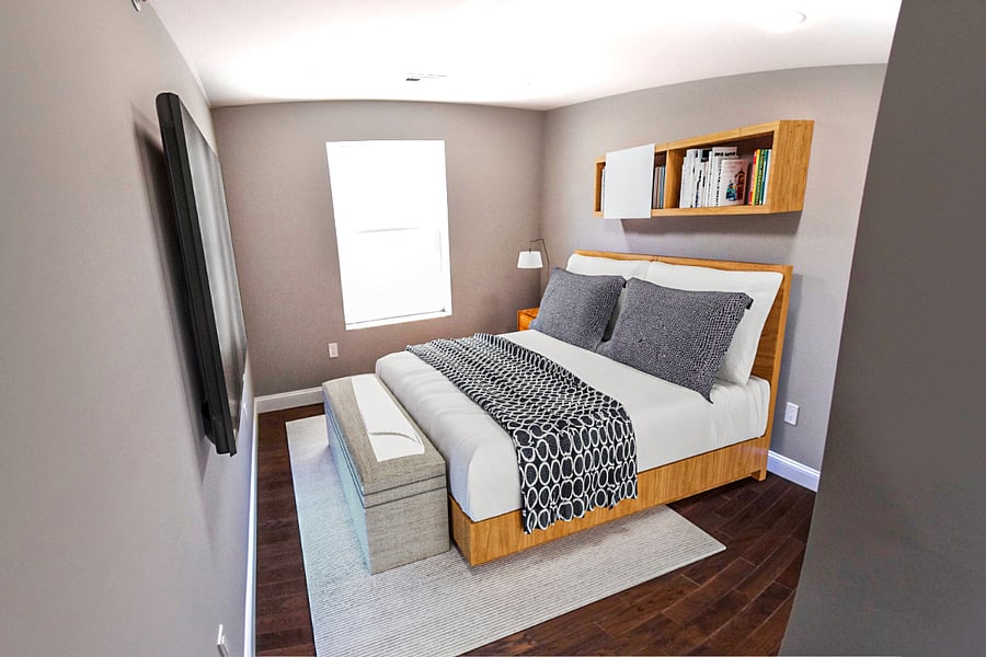 Bedroom #3 with queen size bed, 4K smart TV, closet organizer, night stand and wall bookshelf.