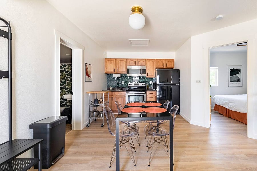 Kitchen with full-size stove/oven, microwave and refrigerator
