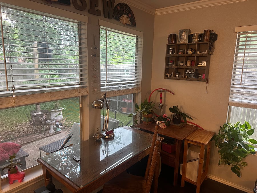 Cozy desk in living room for the drop and work on it days.
