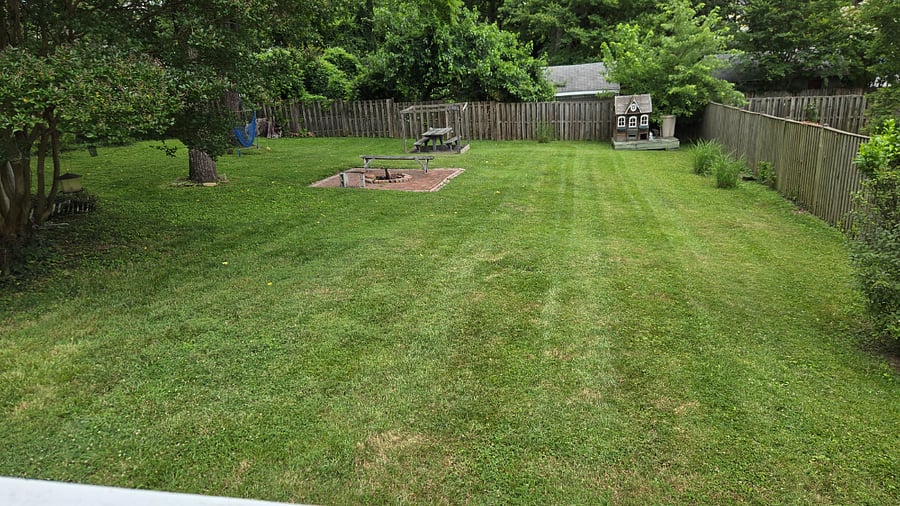 huge fenced back yard with fire pit, deck with grill