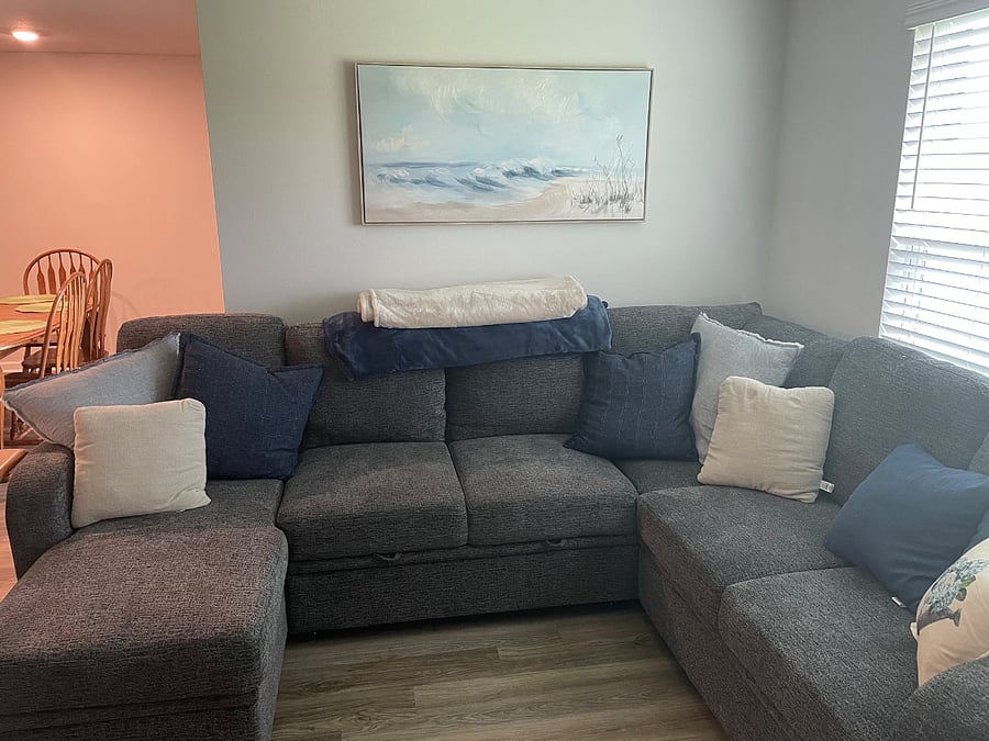 Living room, sectional with storage under lounger.
