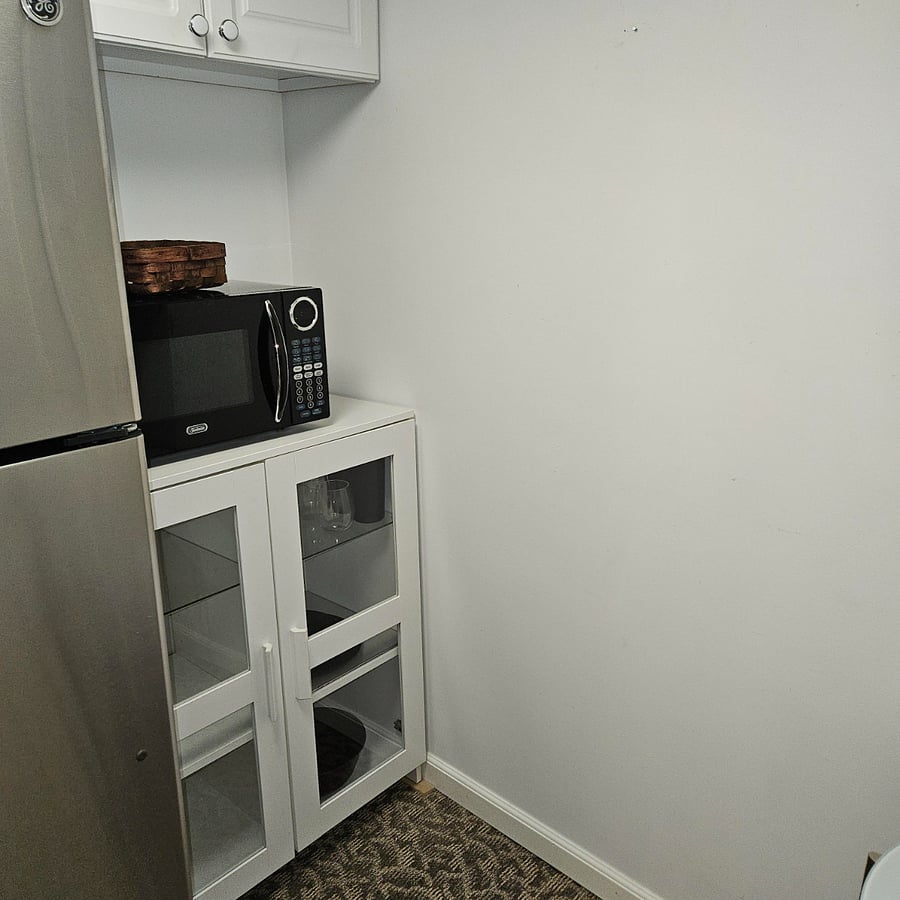 Pantry with full size fridge and microwave