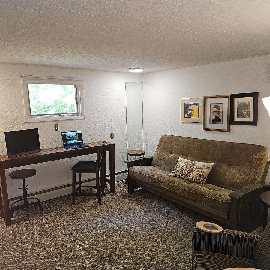 Secondary bedroom/flex room. Futon converts to full bed and work area