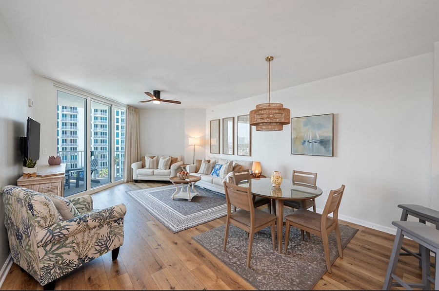 Modern furniture throughout including black out heavy duty curtains and updated modern fixtures.