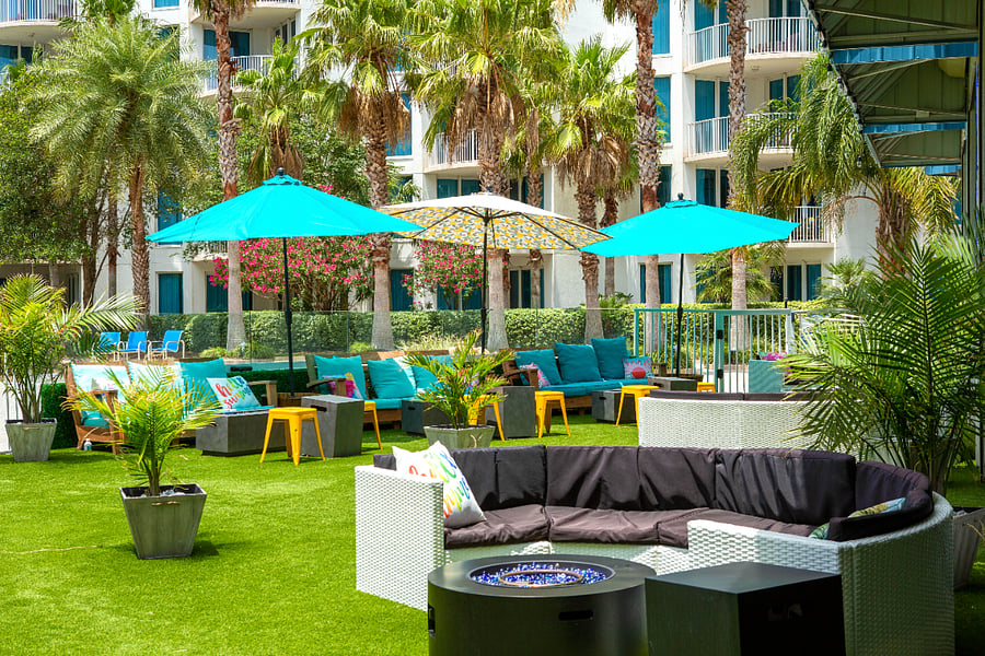 There is also an outdoor spot to hang out by the pool with a bar and food. This is a great spot for lunch and refreshments. A great place to be social or hang out on your own.