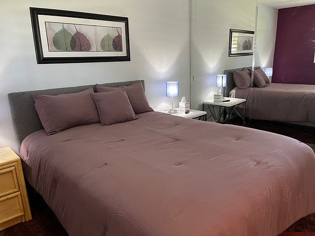 Additional view of bedroom with lamps and full-size mirrored closet,