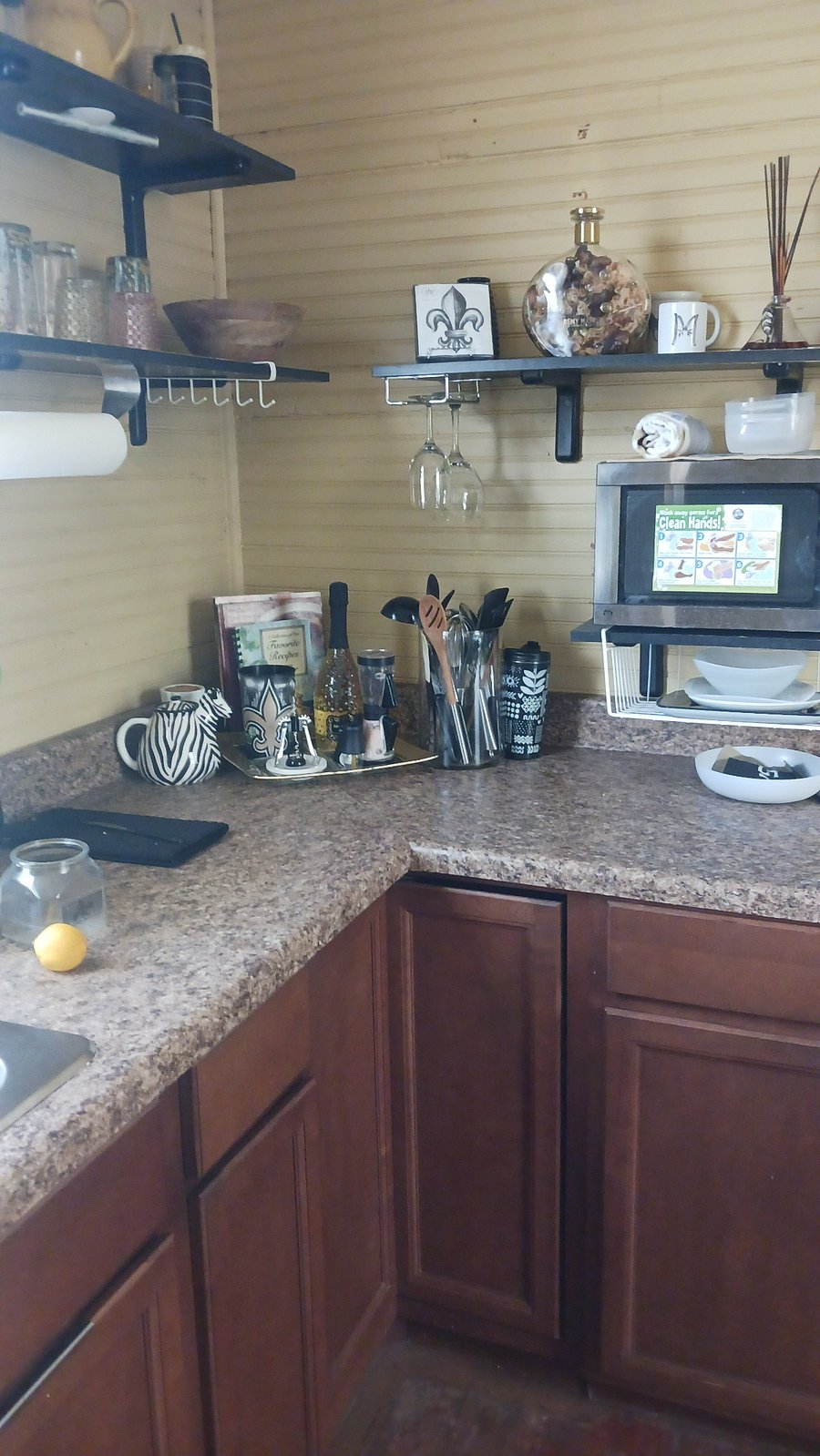 Kitchen counter and microwave