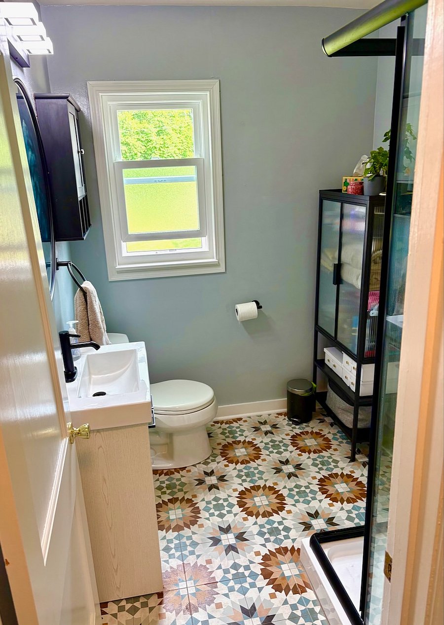 Entering bathroom.