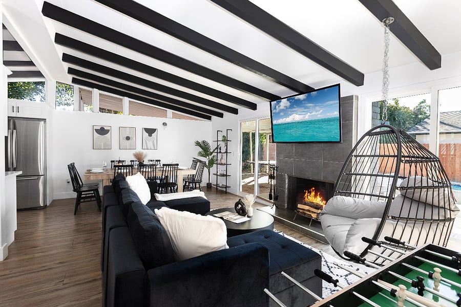 Bright open-concept living and dining space with stylish furnishings