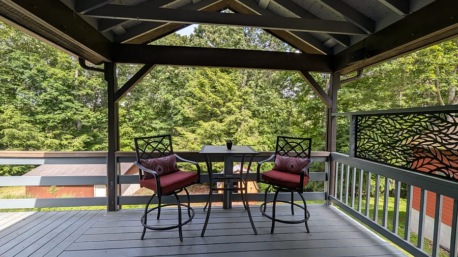 Enjoy crisp mountain evenings on the spacious deck, complete with a cozy propane firepit table. Whether youre sipping wine under the stars or catching up with a good book, this outdoor space is made for comfort and connection